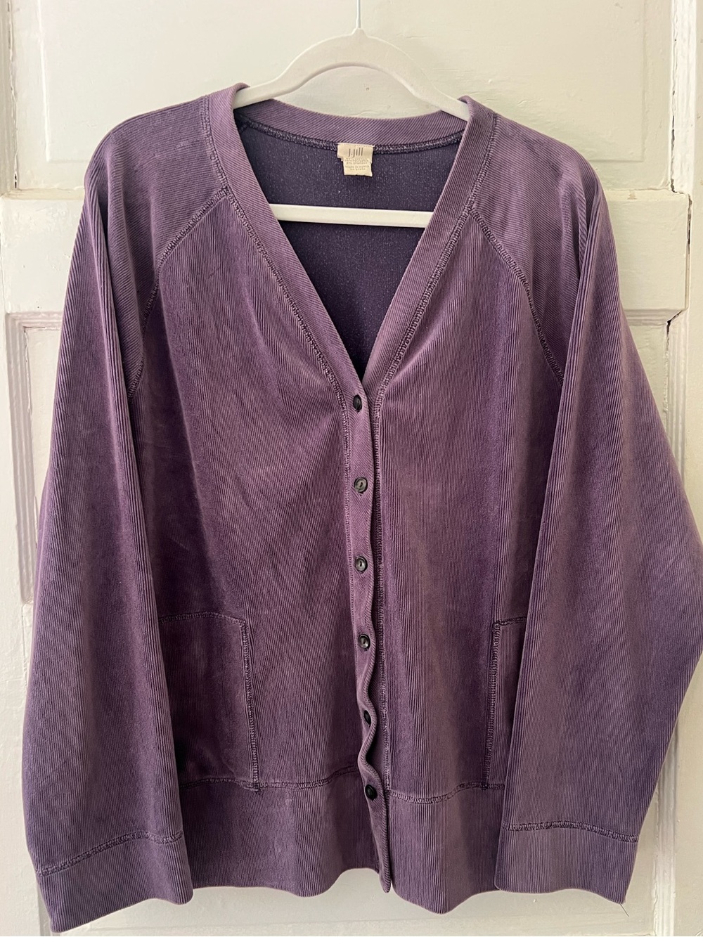 J.Jill Women’s Stretch Corduroy Lavender V-neck Button Up Cardigan with Pockets